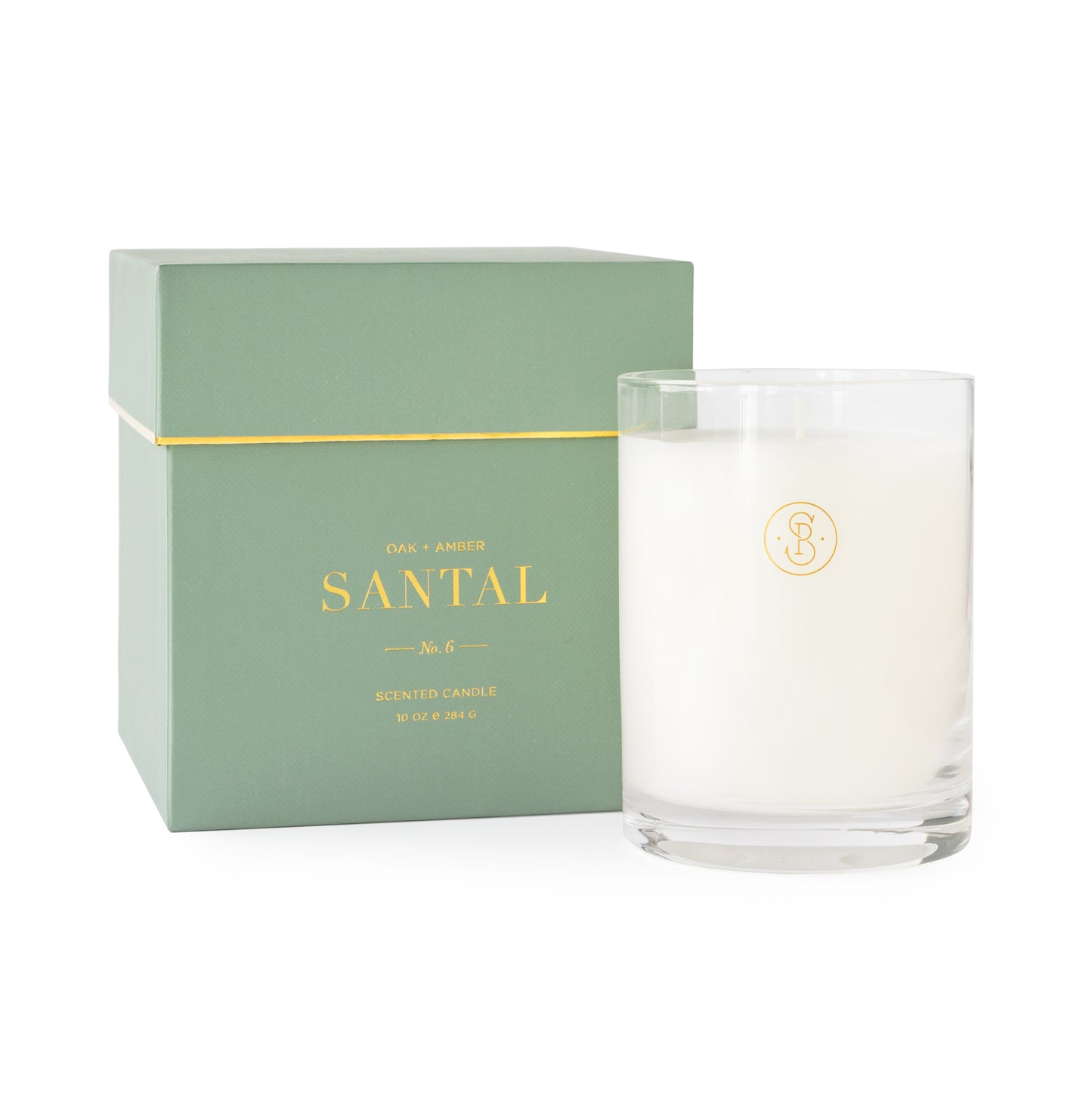 Green boxed candle printed with oak + amber santal