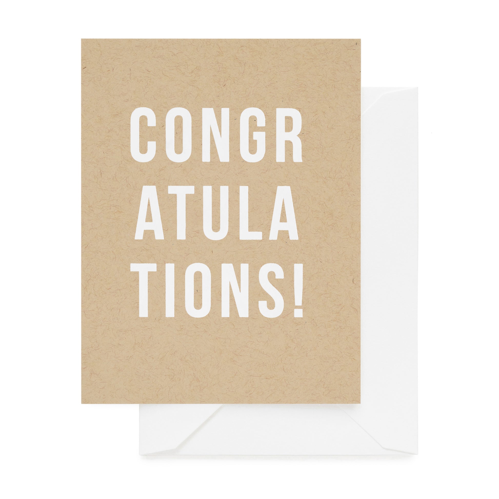 Kraft card printed with 'congratulations' in bold white foil paired with a white envelope