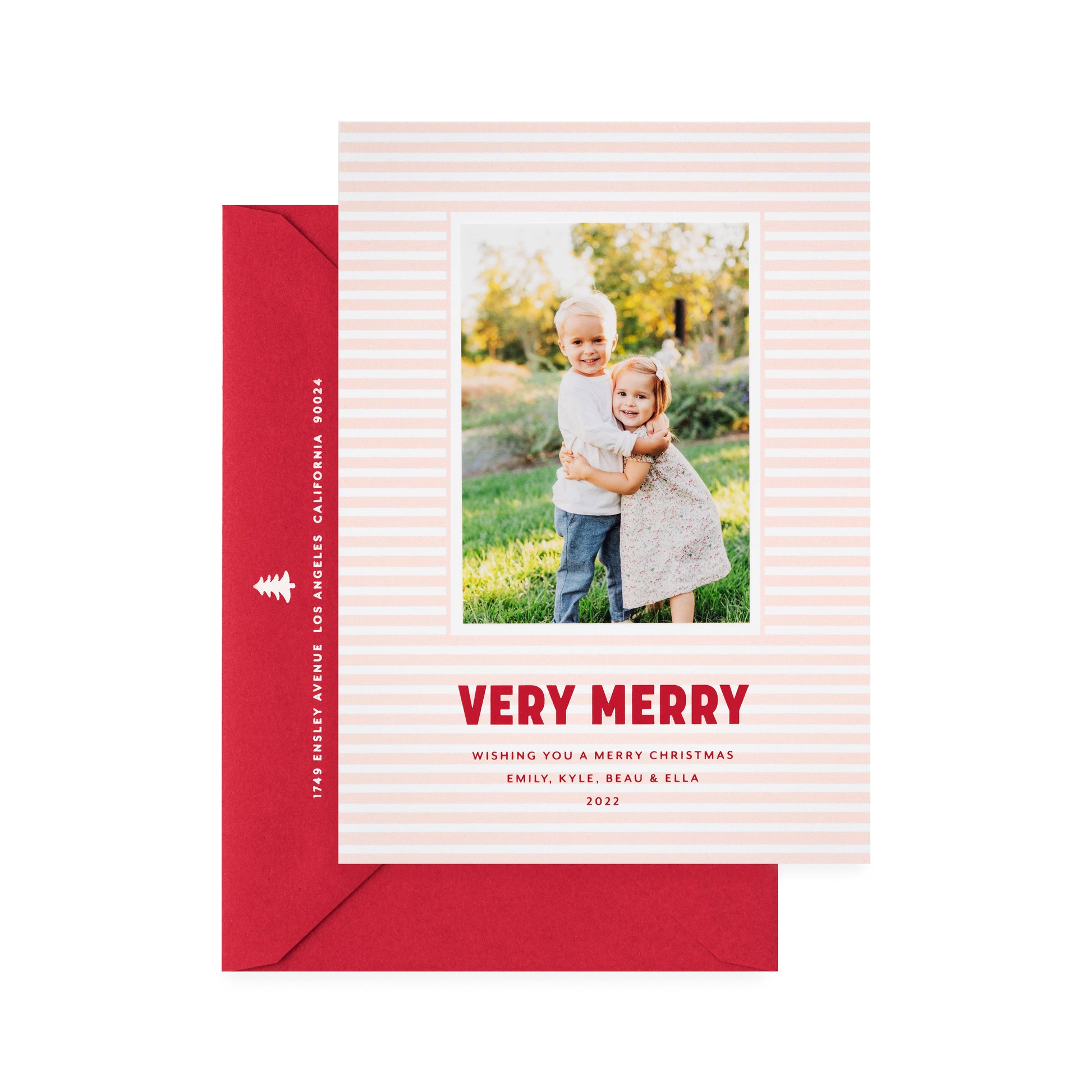 photo holiday card with red ink on pink stripe paper, red envelope