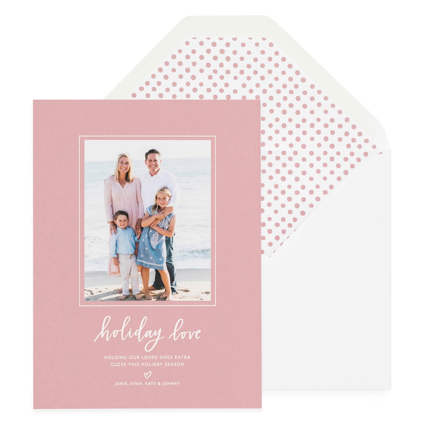 Rose and white holiday photo card printed with holiday love and rose dot liner