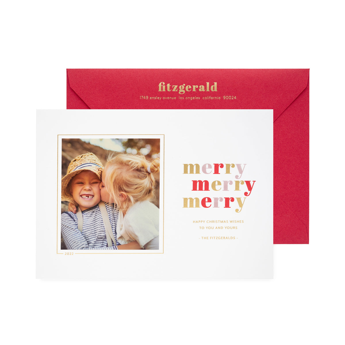 photo holiday card with champagne foil, red, and dusty rose ink on white paper, red envelope