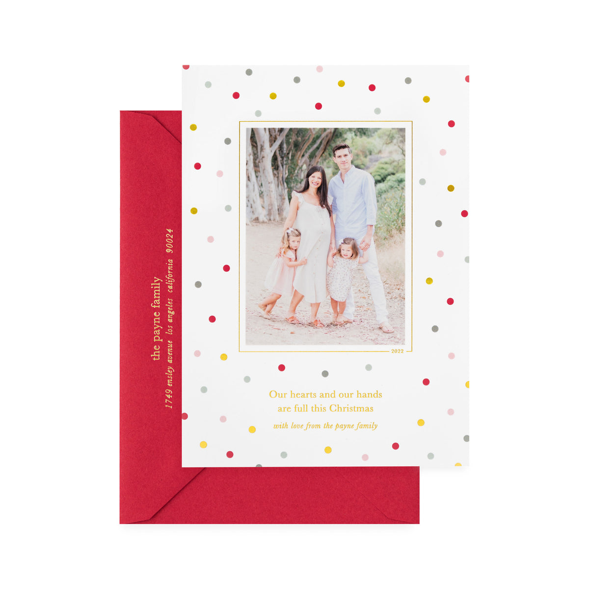 photo holiday card with gold foil and multicolored dots on white paper, red envelope