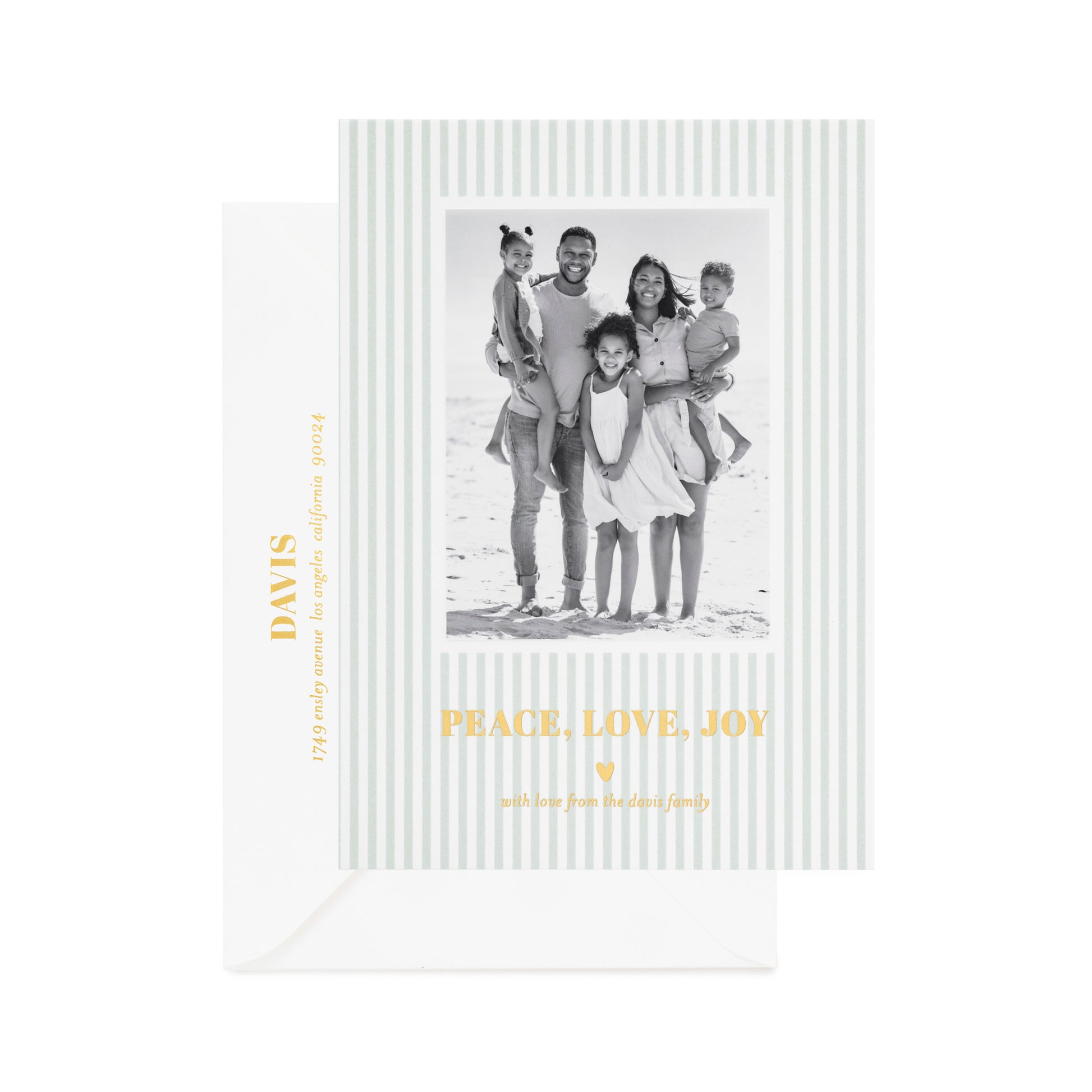 Green stripe custom holiday photo card with gold foil