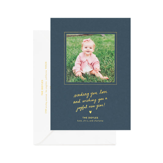 marina blue custom holiday card with photo and gold foil details