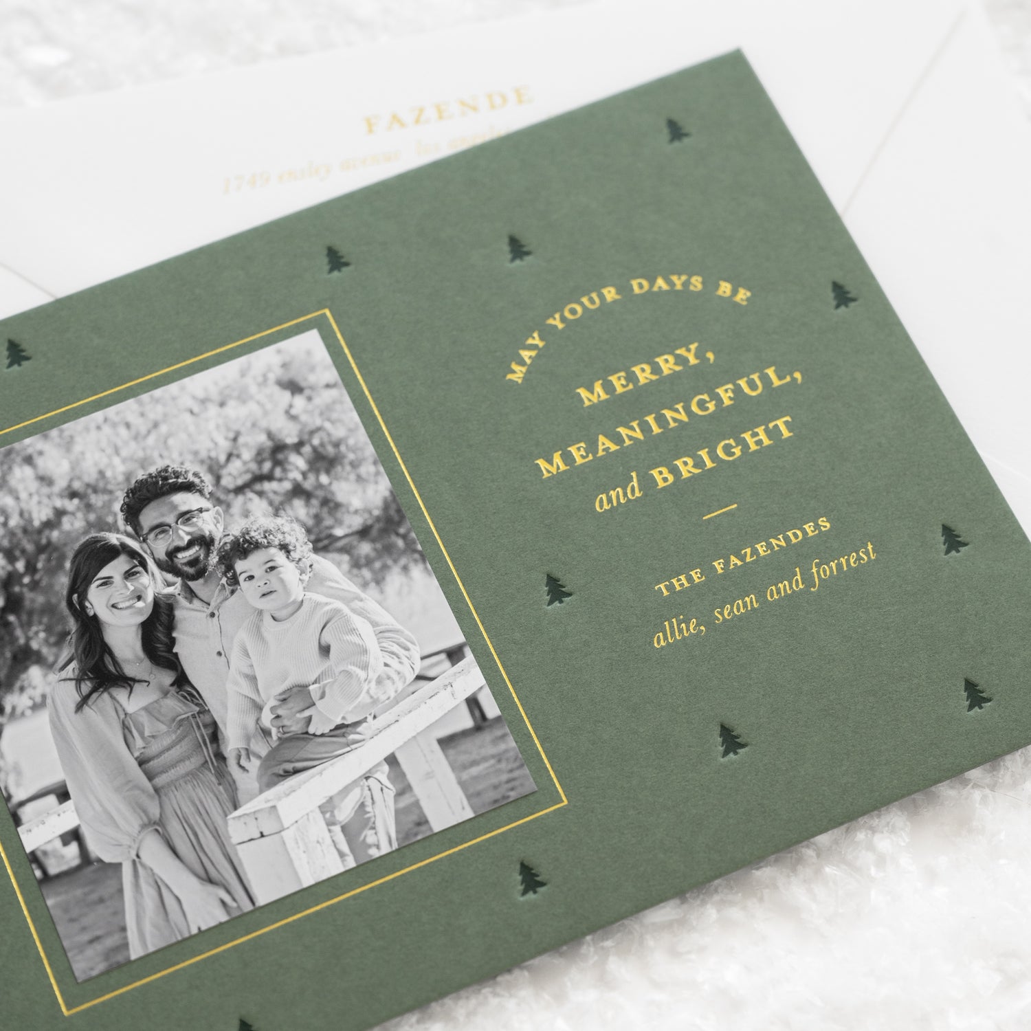 Close up of pine green custom holiday photo card paired with a black and white family photo with gold foil greeting 'may your days be merry, meaningful, and bright' with dark green tree pattern letterpress printed paired with a white envelope