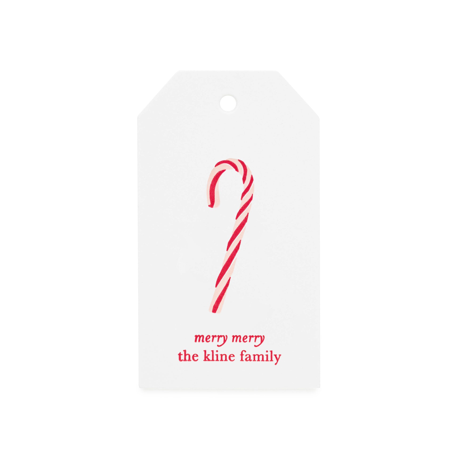 Pink and red candy cane gift tag with merry merry and custom printed name