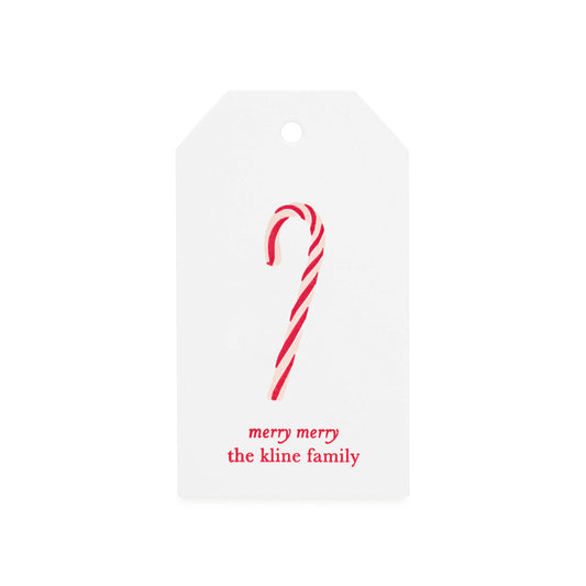 Pink and red candy cane gift tag with merry merry and custom printed name