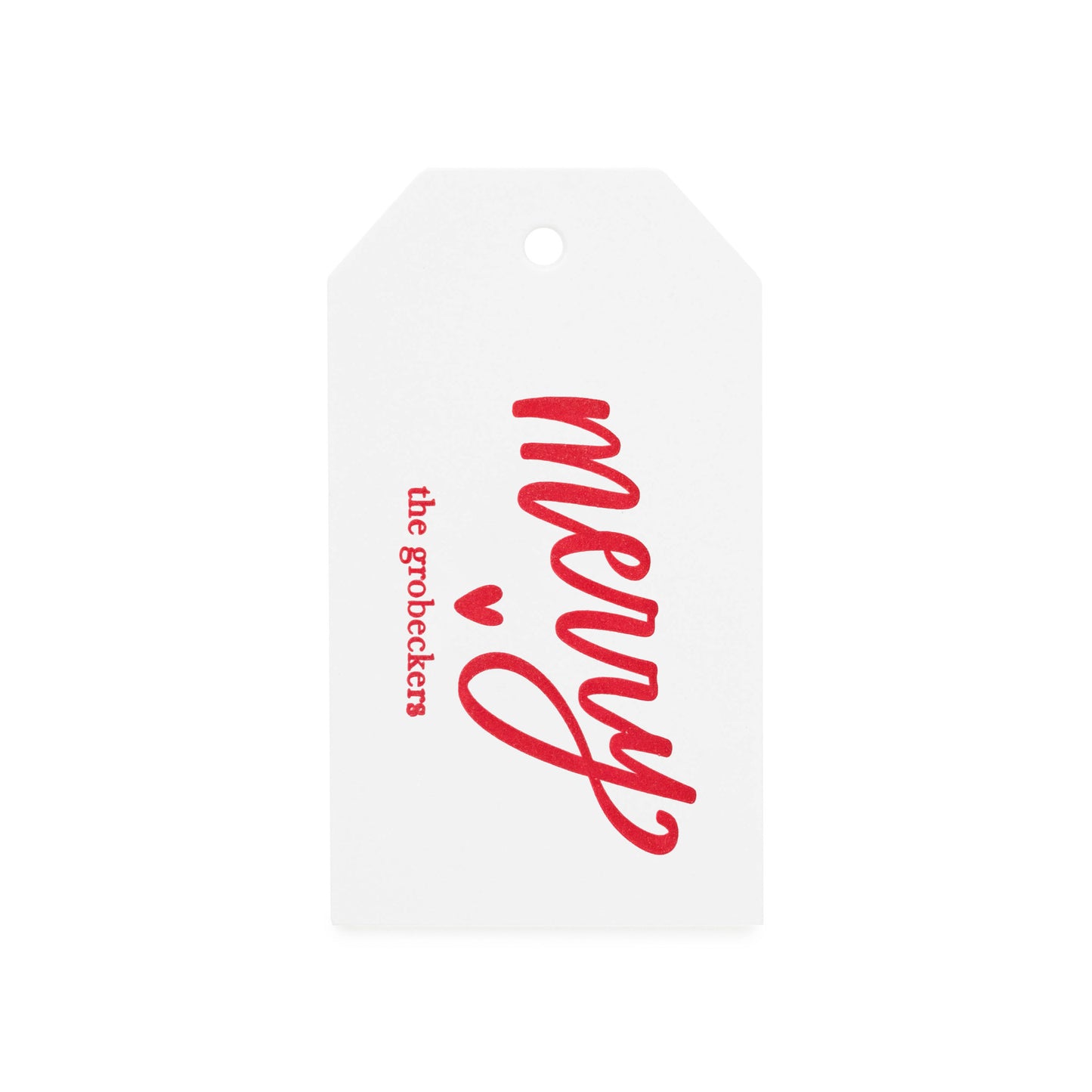 Custom Gift Tag Letterpress Printed in Red Ink with Merry and a Heart and Family Name