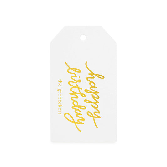 Custom Gift Tag Letterpress Printed in Gold Foil with Happy Birthday and Family Name