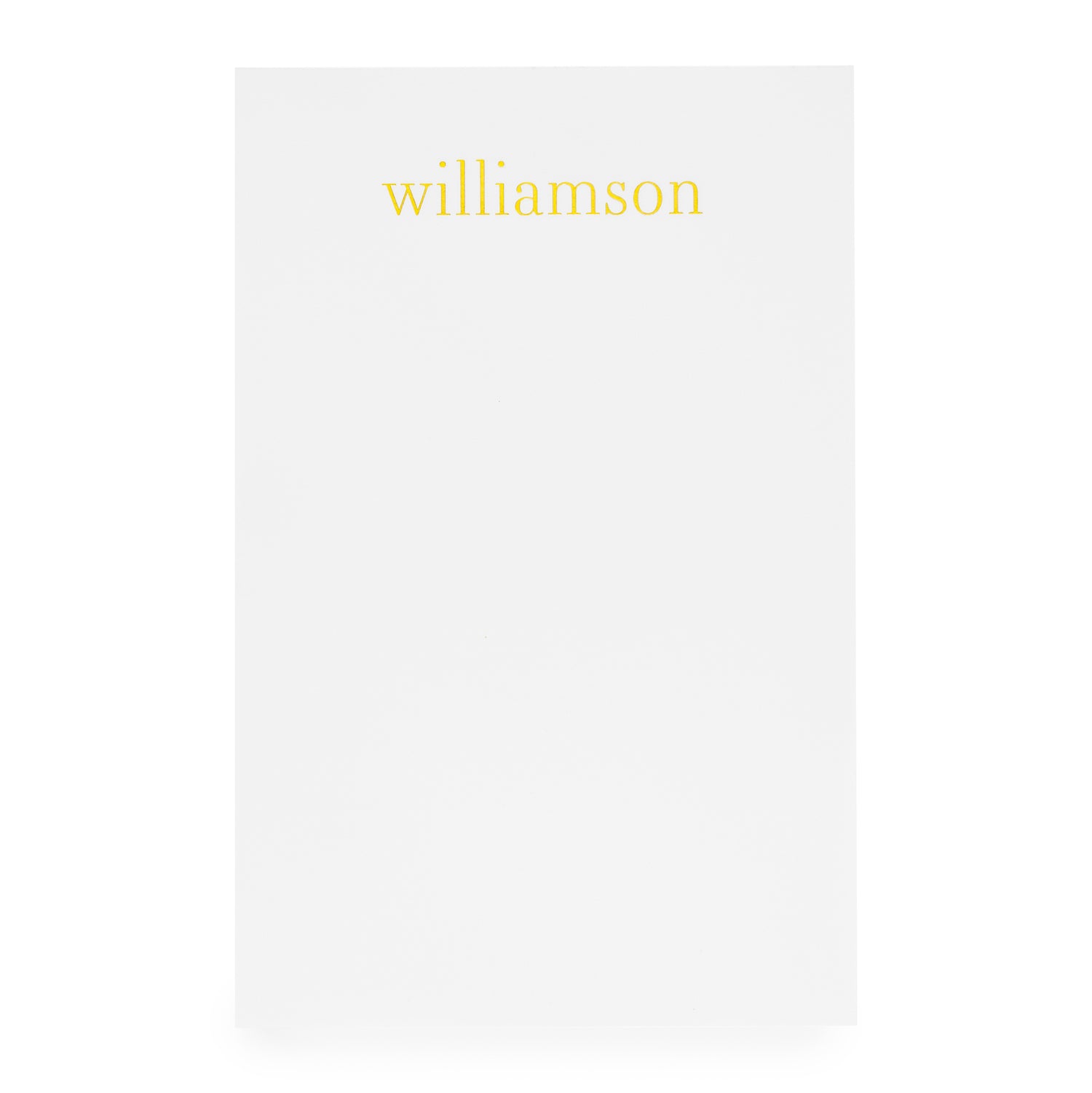 White custom notepad with gold foil name}