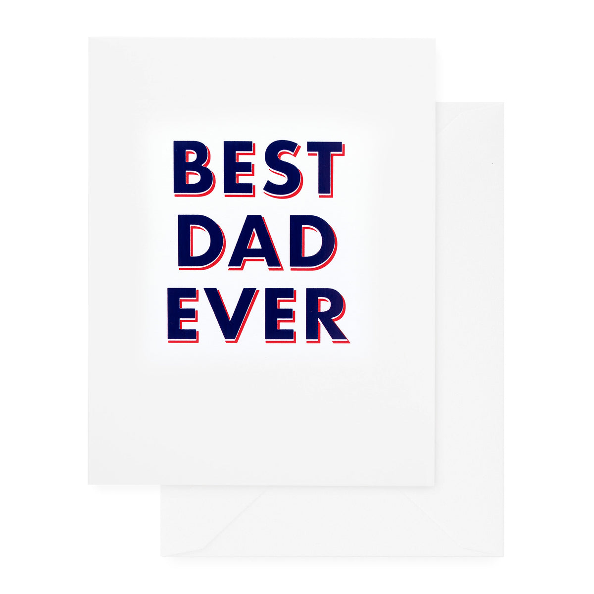 white card with navy and red text, white envelope