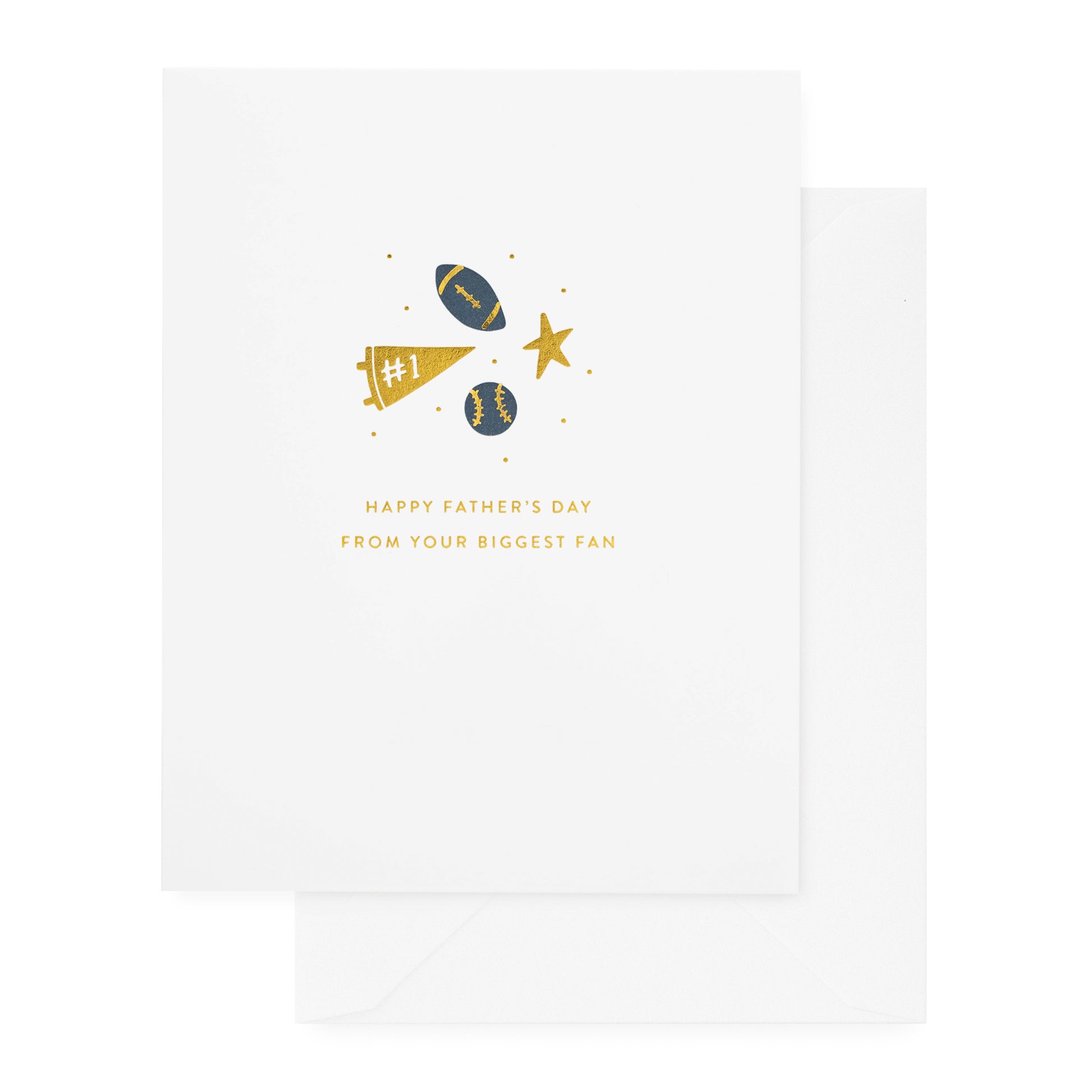 White card printed with gold foil and blue icons printed with happy father's day from your biggest fan