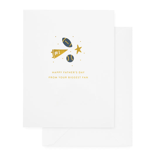 White card printed with gold foil and blue icons printed with happy father's day from your biggest fan