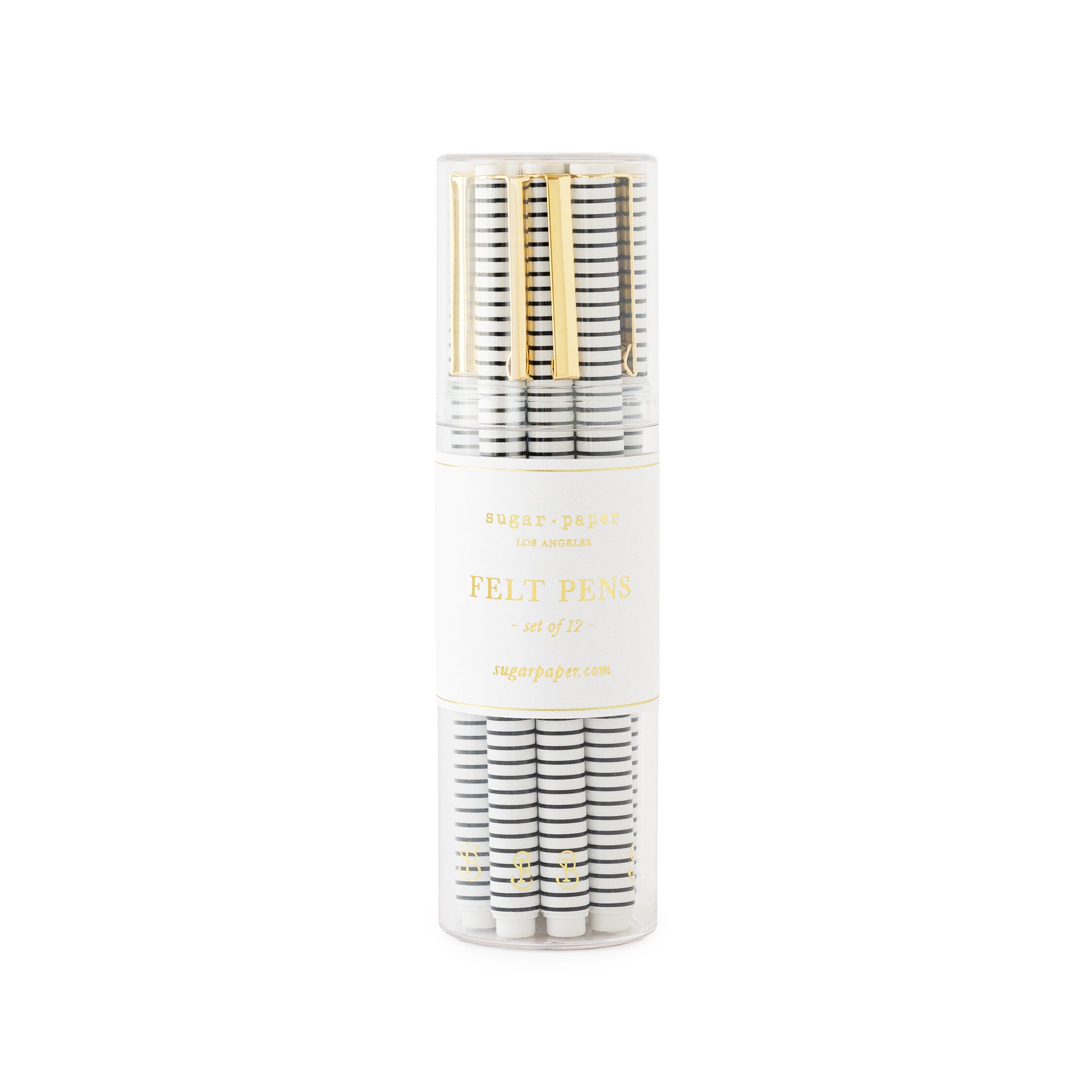 White plastic felt tip pen with black stripes and gold clip in a clear acrylic jar, set of 12