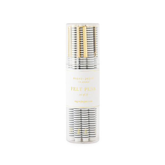 White plastic felt tip pen with black stripes and gold clip in a clear acrylic jar, set of 12