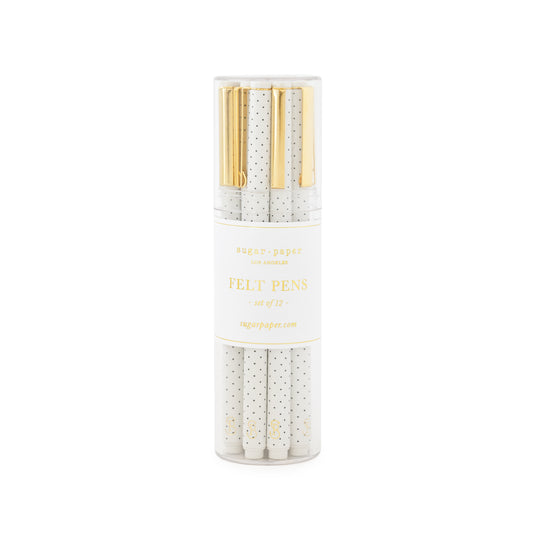 White and black pindot felt pen set with gold clips in a clear container, set of 12