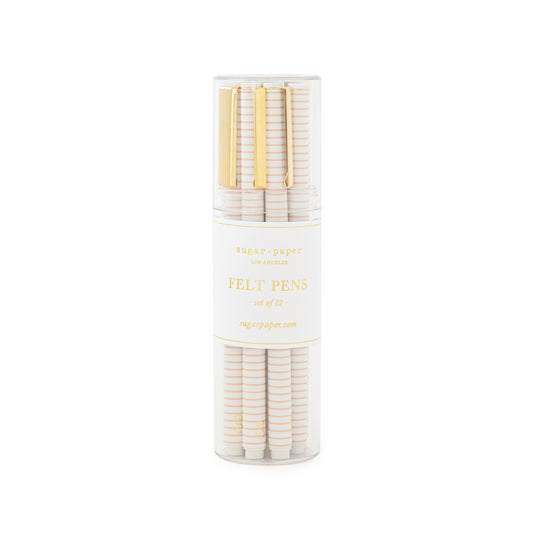 Rose and white stripe plastic pens with gold clip in a clear acrylic holder