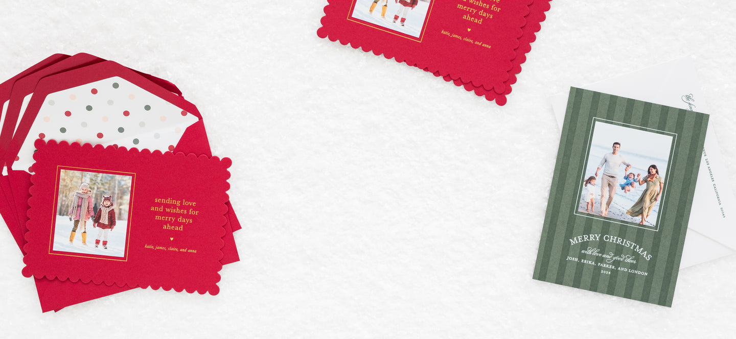 Red and green Christmas cards with family photos on a white background