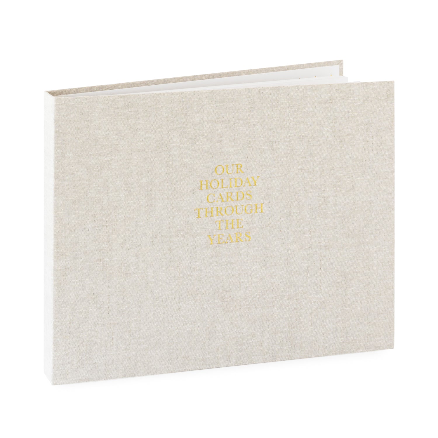 Flax fabric bound album with gold foil 'our holiday cards through the years'}