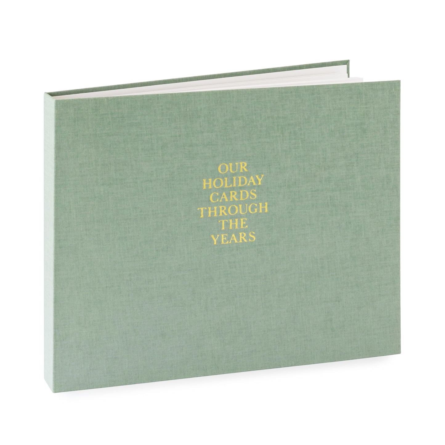 Green fabric bound album with gold foil 'our holiday cards through the years'