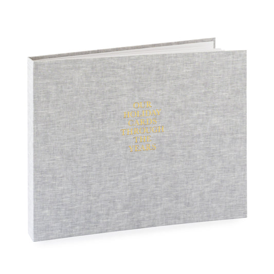 Grey fabric bound album with gold foil 'our holiday cards through the years'