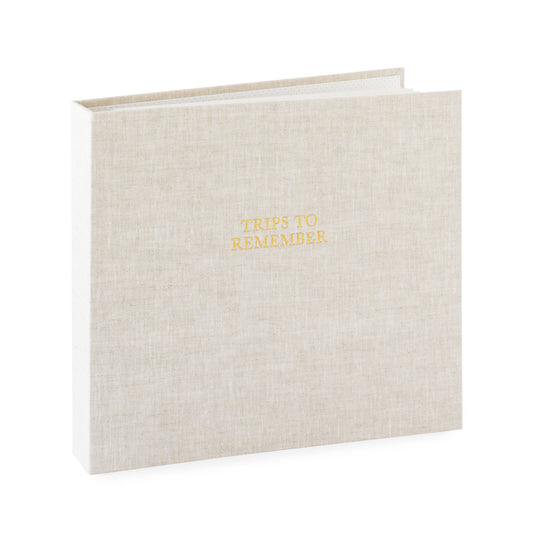 Flax fabric bound photo album with gold foil printed 'trips to remember'