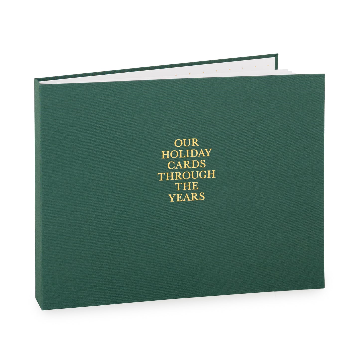 Dark green holiday card spiral bound fabric book with 'our holiday cards through the years' on cover