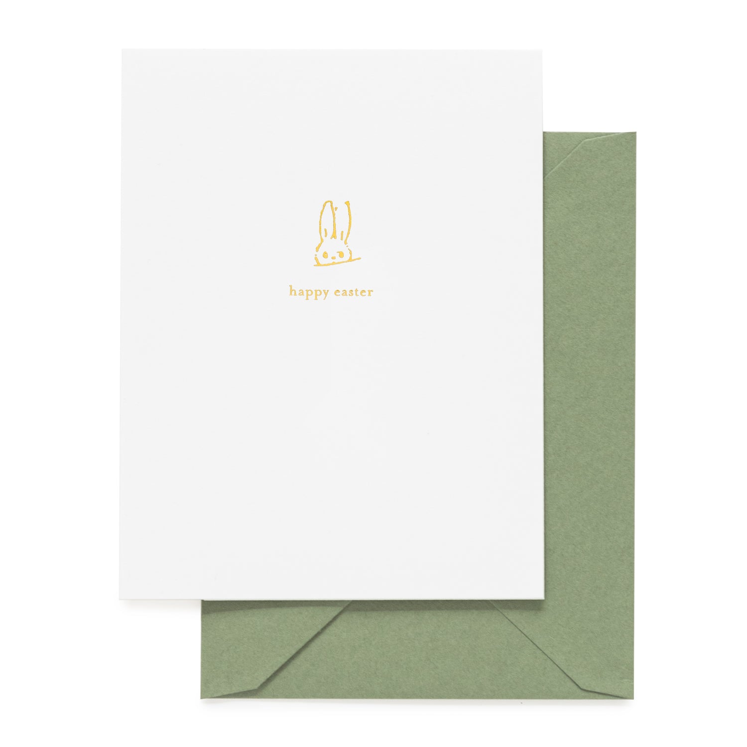 White card with gold bunny illustration and 'Happy Easter' in gold foil paired with a green envelope}