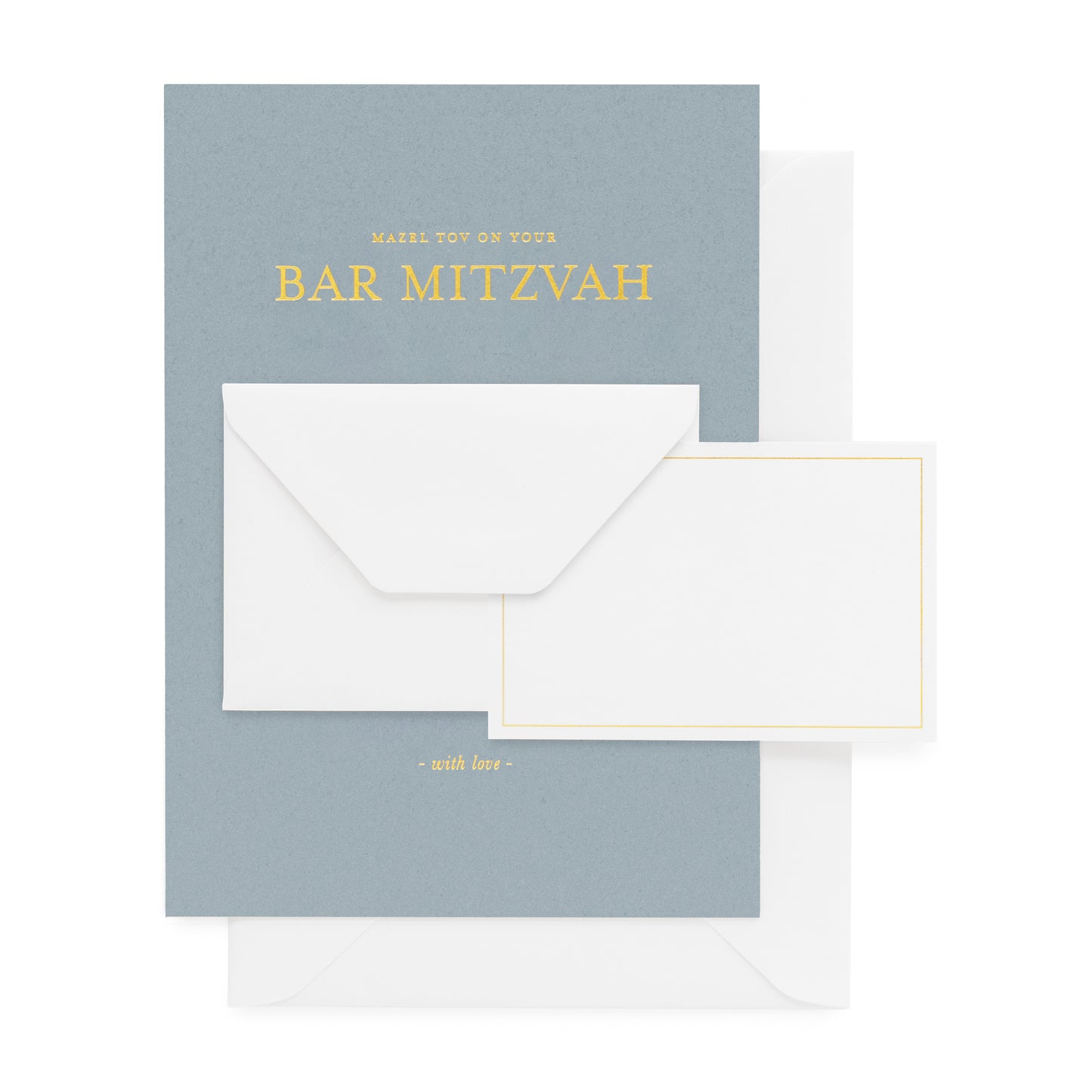 Dusty blue bar mitzvah card printed with 'mazel tov on your bar mitzvah with love' with a mini enclosure card and envelope paired with a white envelope