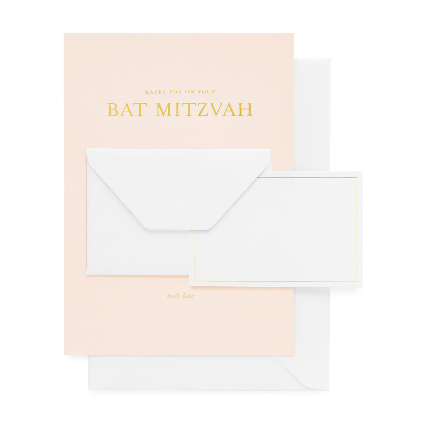 Pale pink greeting card with white small envelope and mini card printed with 'mazel tov on your bat mitzvah' in gold foil paired with a white envelope