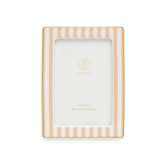 Rose and white stripe picture frame with gold edge detailing with a white card insert with Sugar Paper logo
