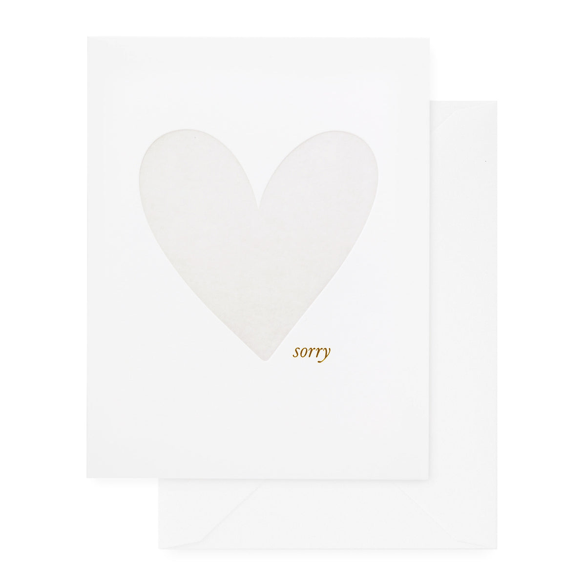 white card with grey heart and gold text, white envelope