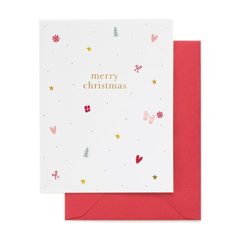 white christmas card with gold text and multicolored icons, red envelope