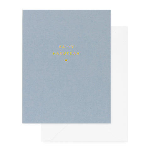 slate blue hanukkah card with gold foil text and white envelope