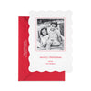 red and white custom holiday card with black photo and scalloped edge card