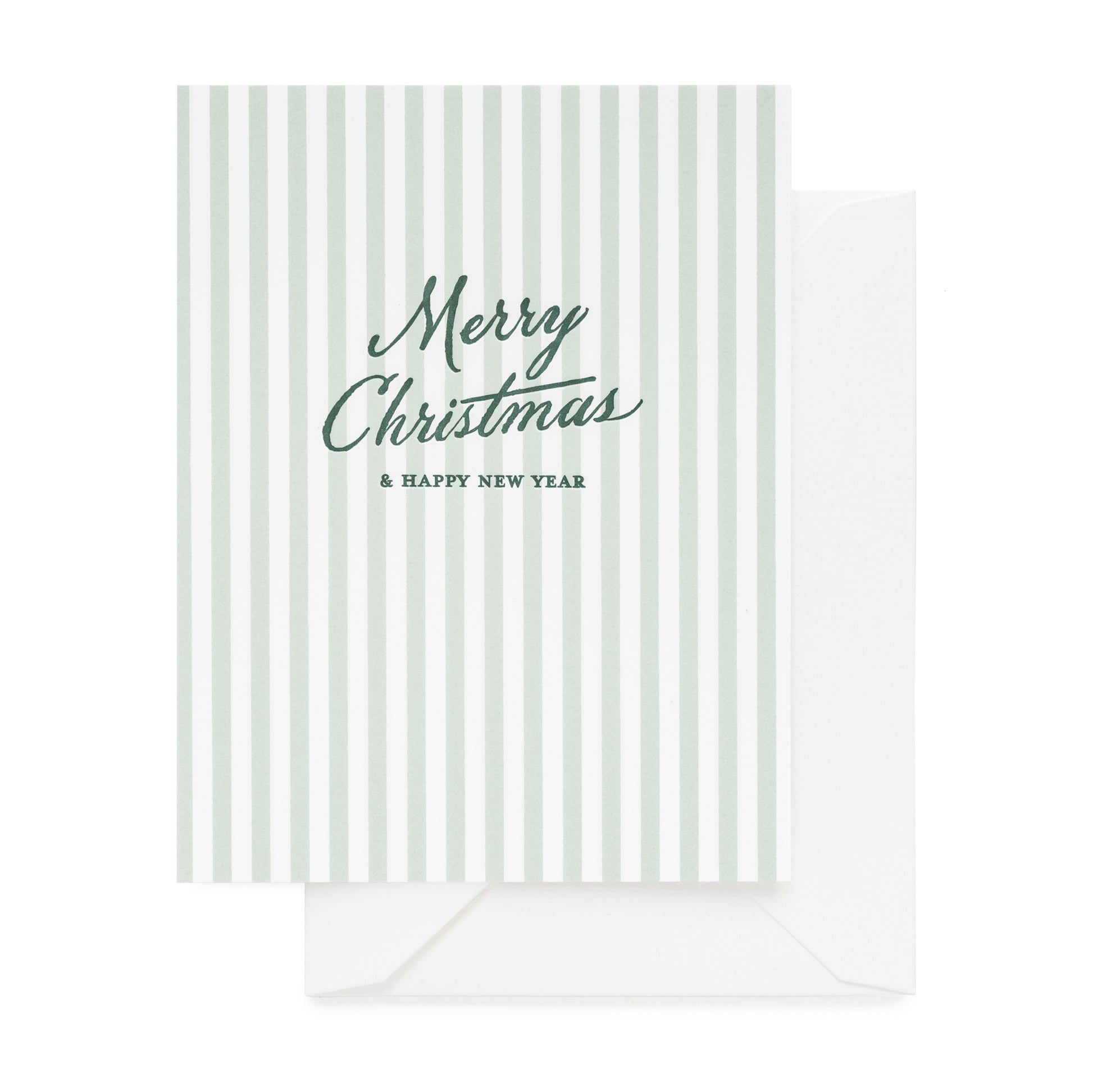 White and green stripe greeting card with green letterpress printed 'merry christmas and a happy new year' paired with a white envelope