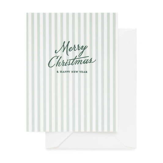 White and green stripe greeting card with green letterpress printed 'merry christmas and a happy new year' paired with a white envelope