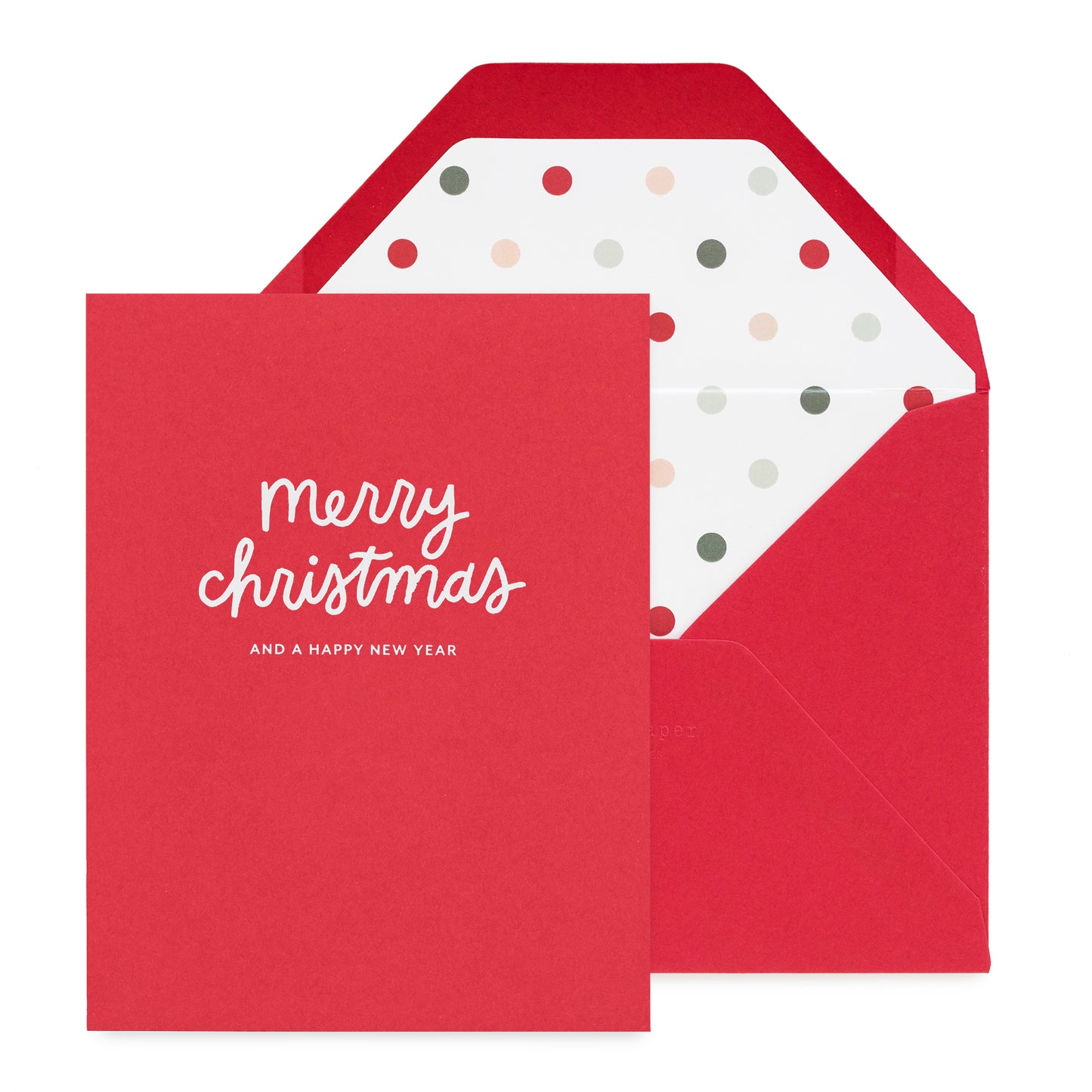 Red Christmas card with 'Merry Christmas and a Happy New Year' text, featuring a polka dot envelope liner in a red envelope