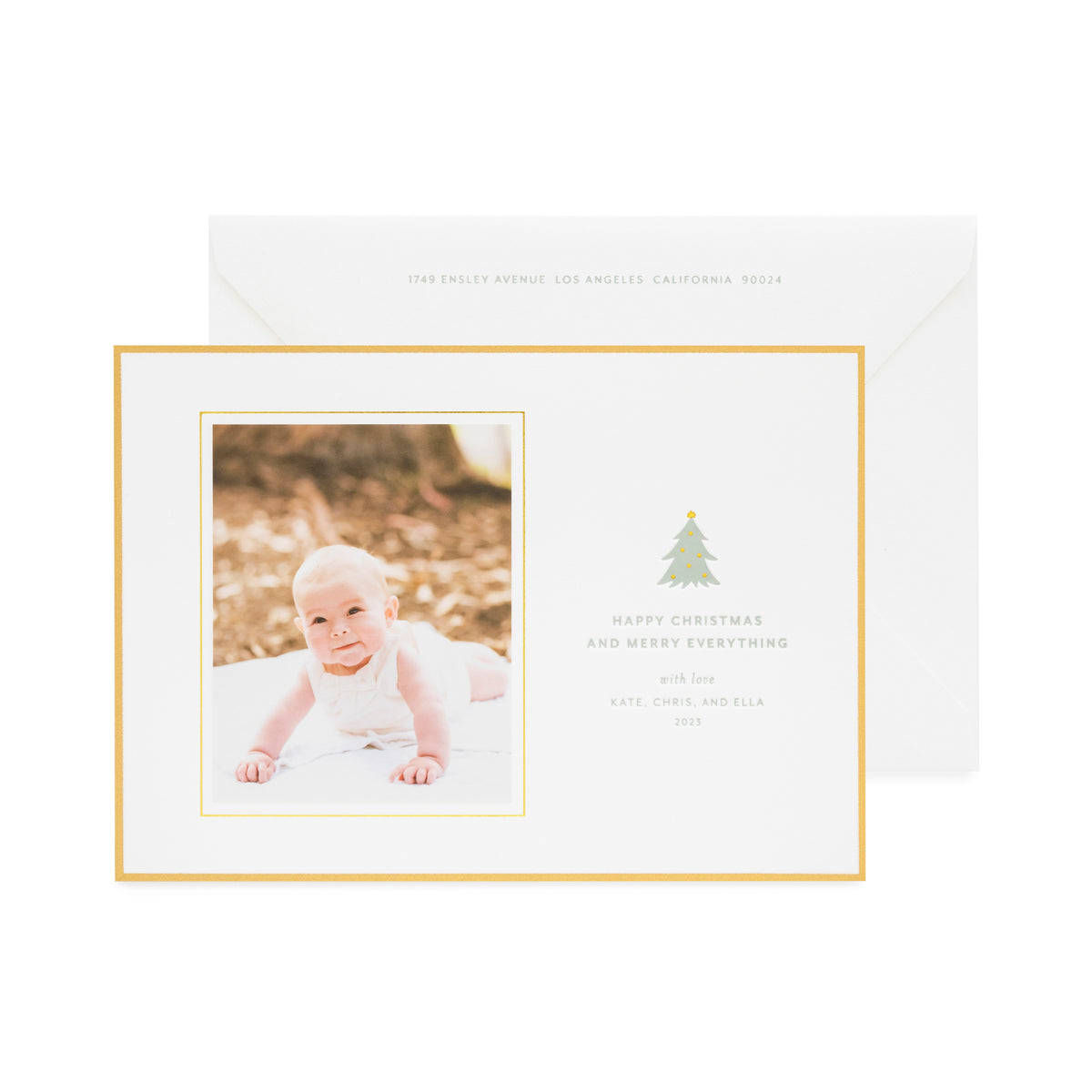 Gold bordered holiday photo card with green christmas tree icon