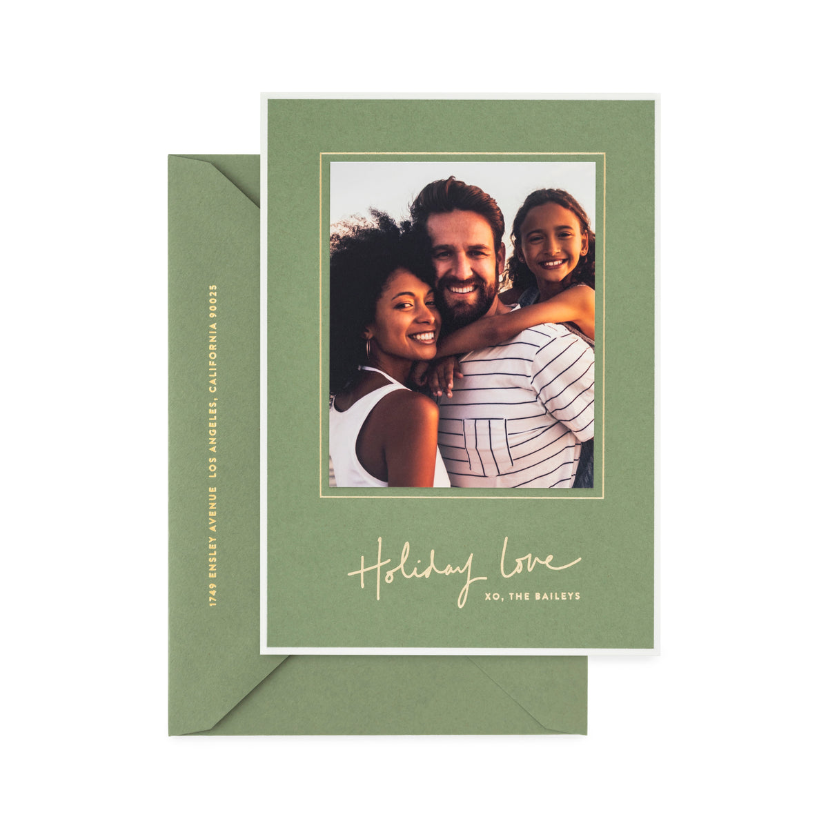 Holiday green photo card with white hand-painted border and gold foil