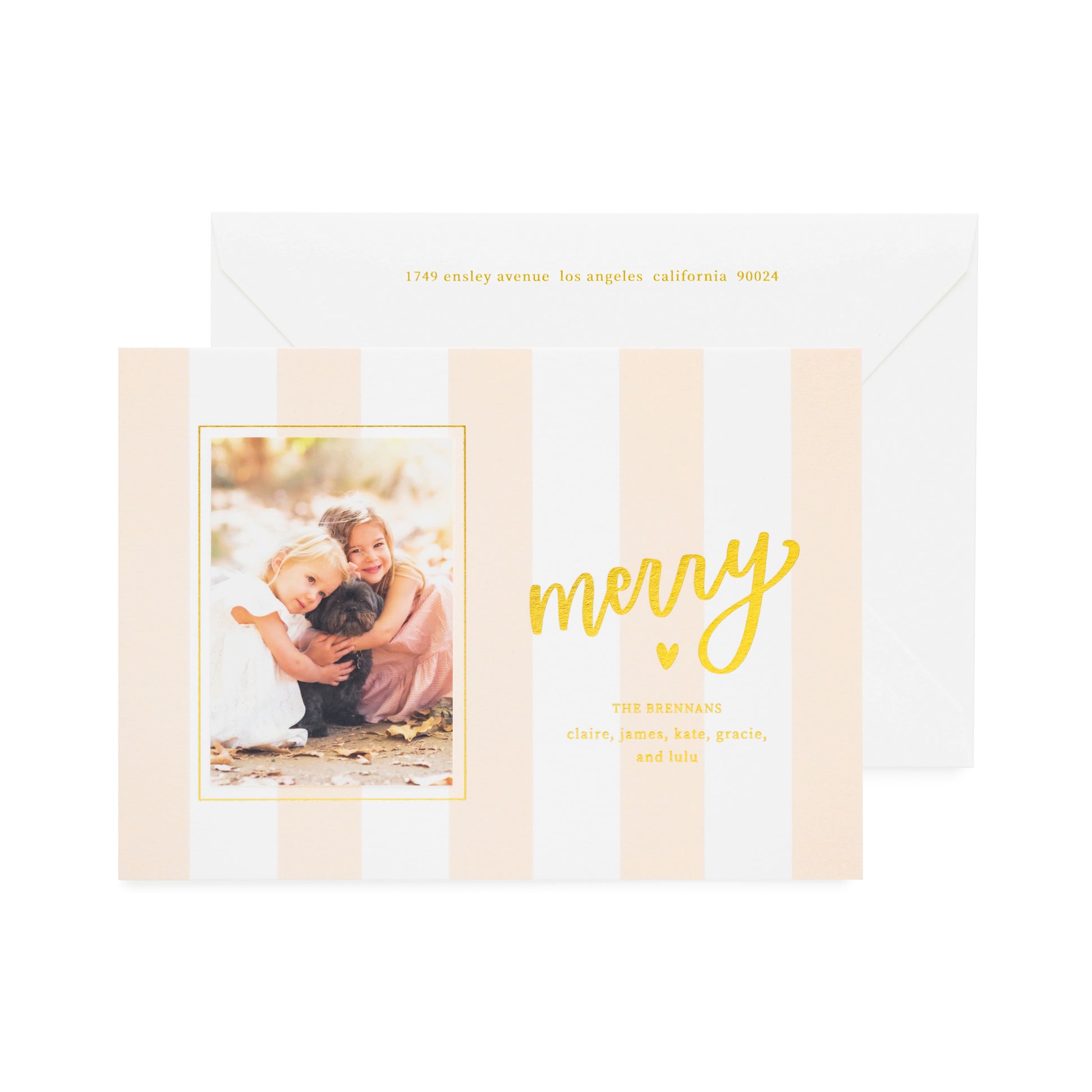 Pink and white cabana stripe custom holiday photo card with gold foil