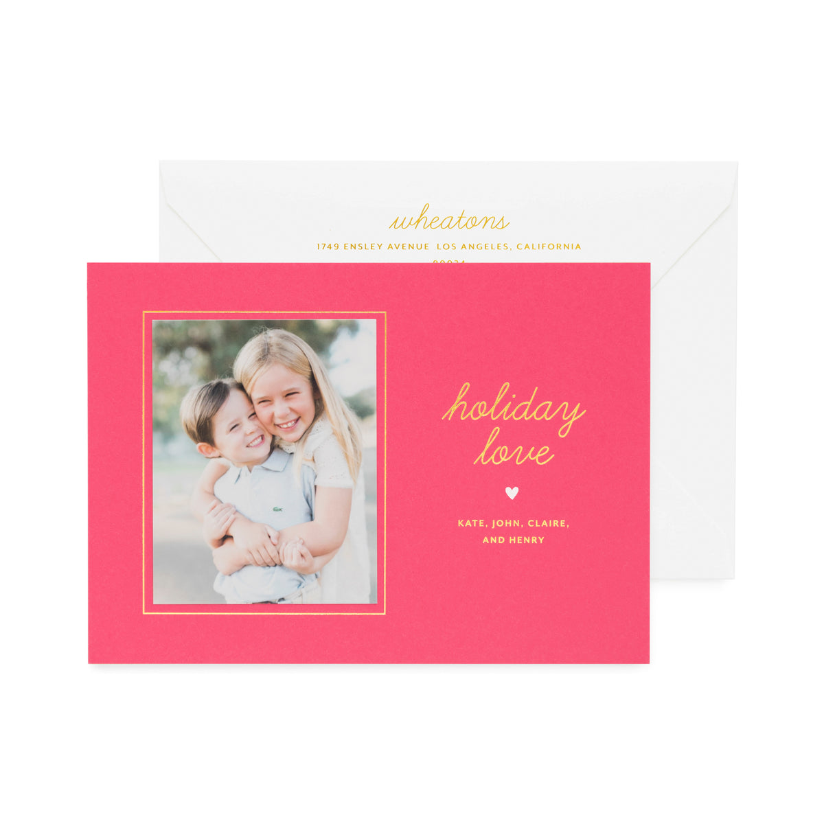 Hot pink custom holiday photo card with white and gold foil