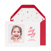 Red and white custom holiday card printed with so very merry and multicolor holiday icon envelope liner