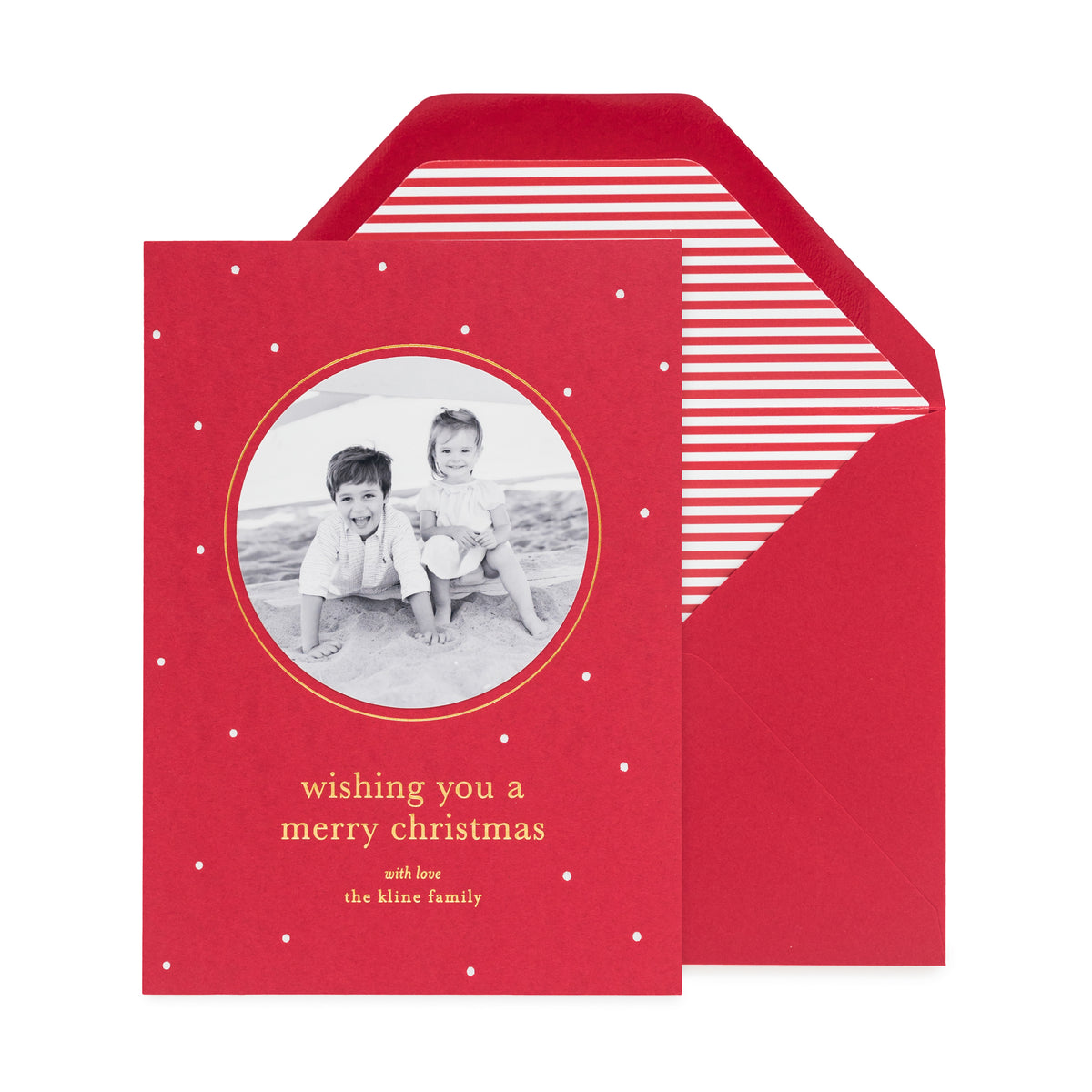 photo holiday card with gold and white foil on red paper, red stripe liner, red envelope