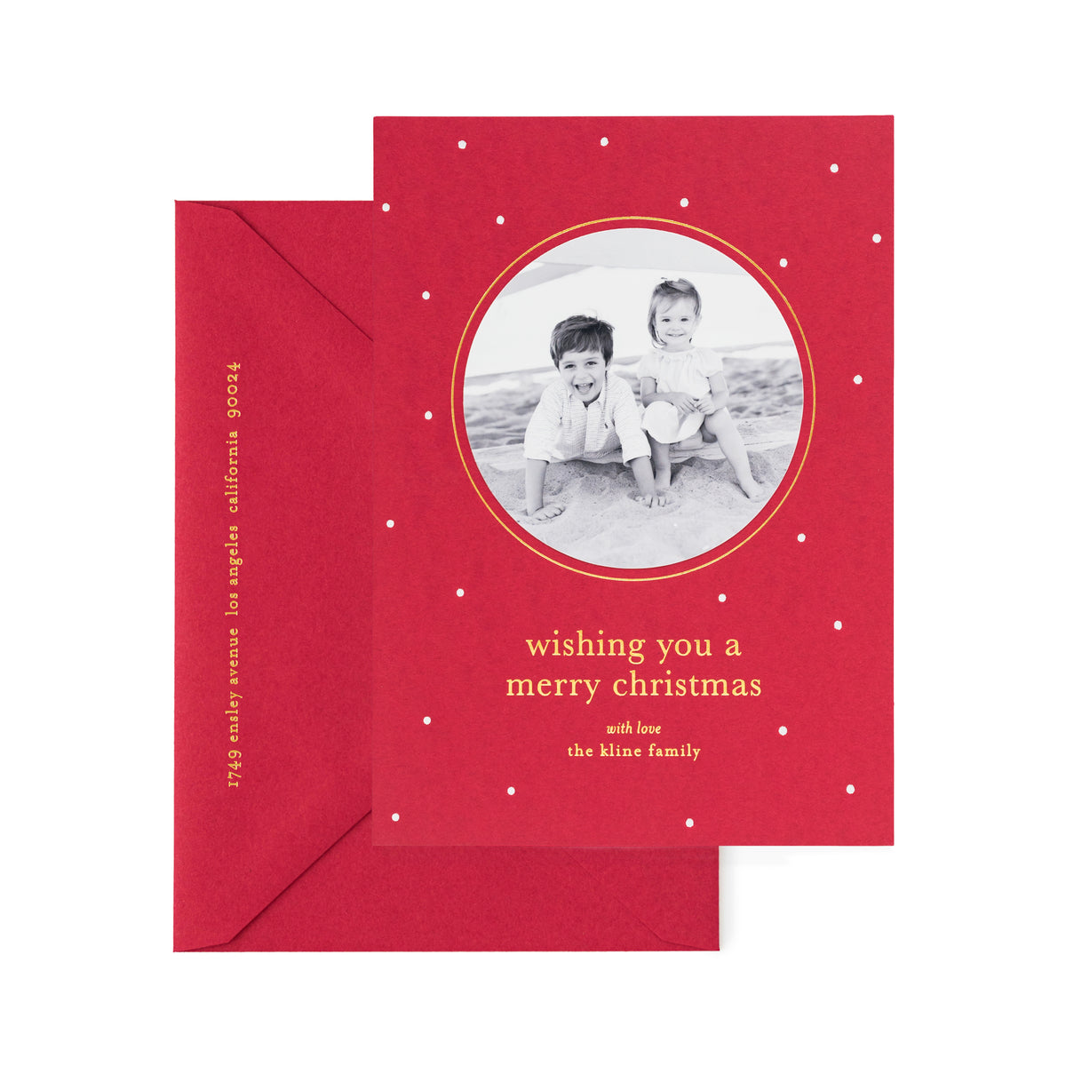 photo holiday card with gold and white foil on red paper, red envelope