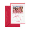 photo holiday card with red ink and border on white paper, red envelope