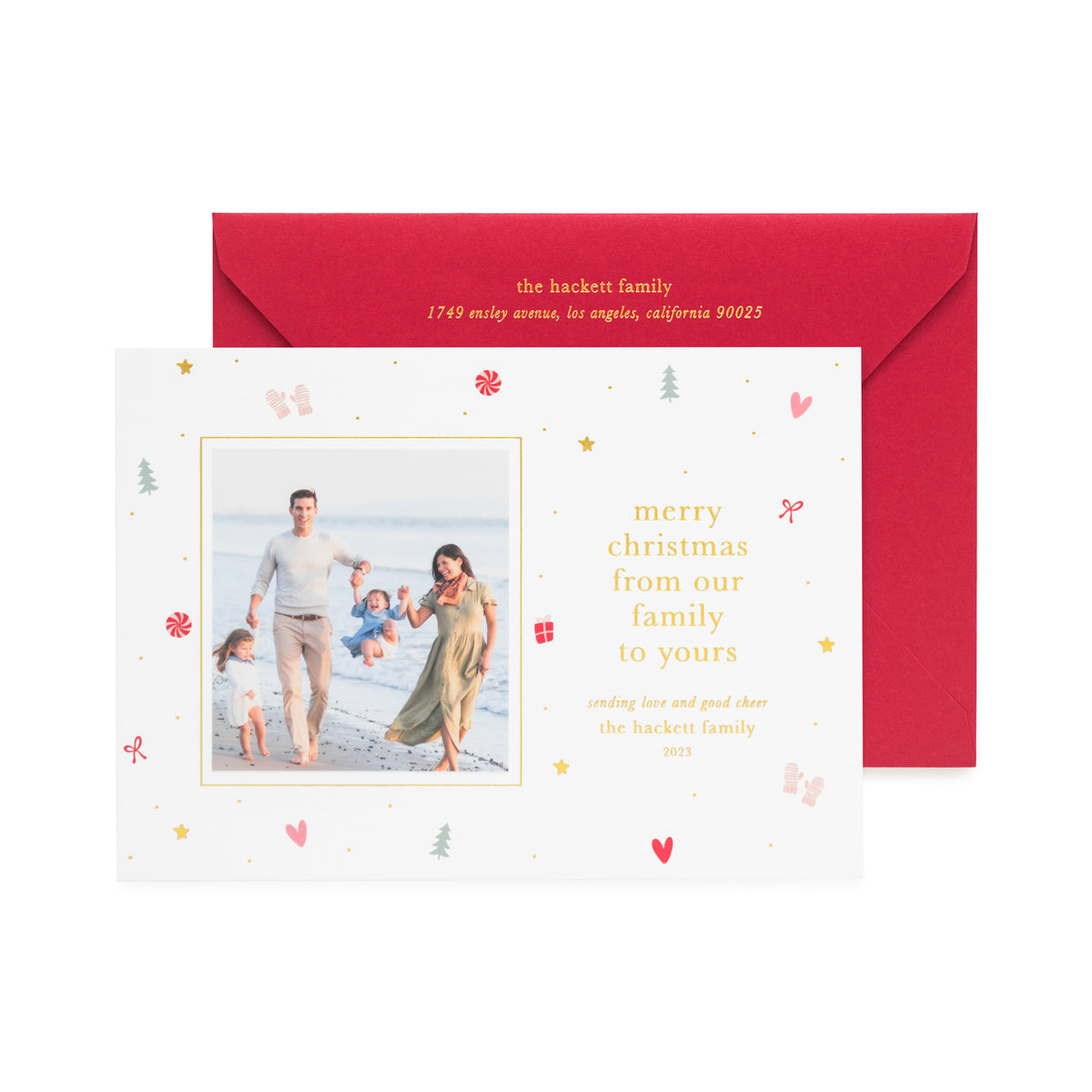 photo holiday card with gold foil and holiday icons on white paper, red envelope