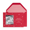 photo holiday card with gold and white foil on red paper, red stripe liner, red envelope