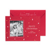 photo holiday card with white and gold foil on red paper, red envelope