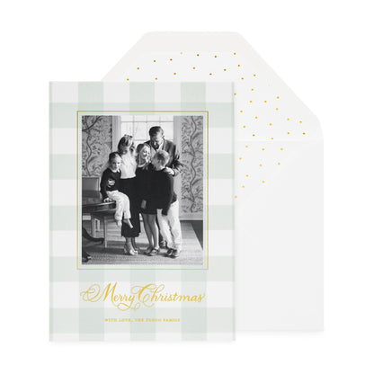 Green gingham custom holiday photo card with gold foil